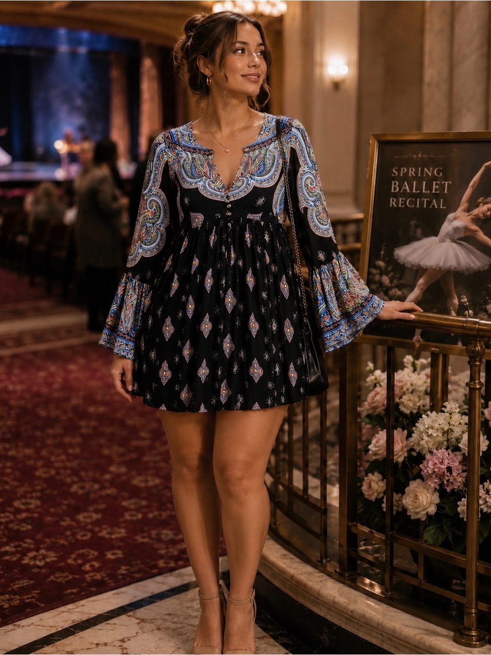 Umgee Black Mini Dress with Blue Paisley Print